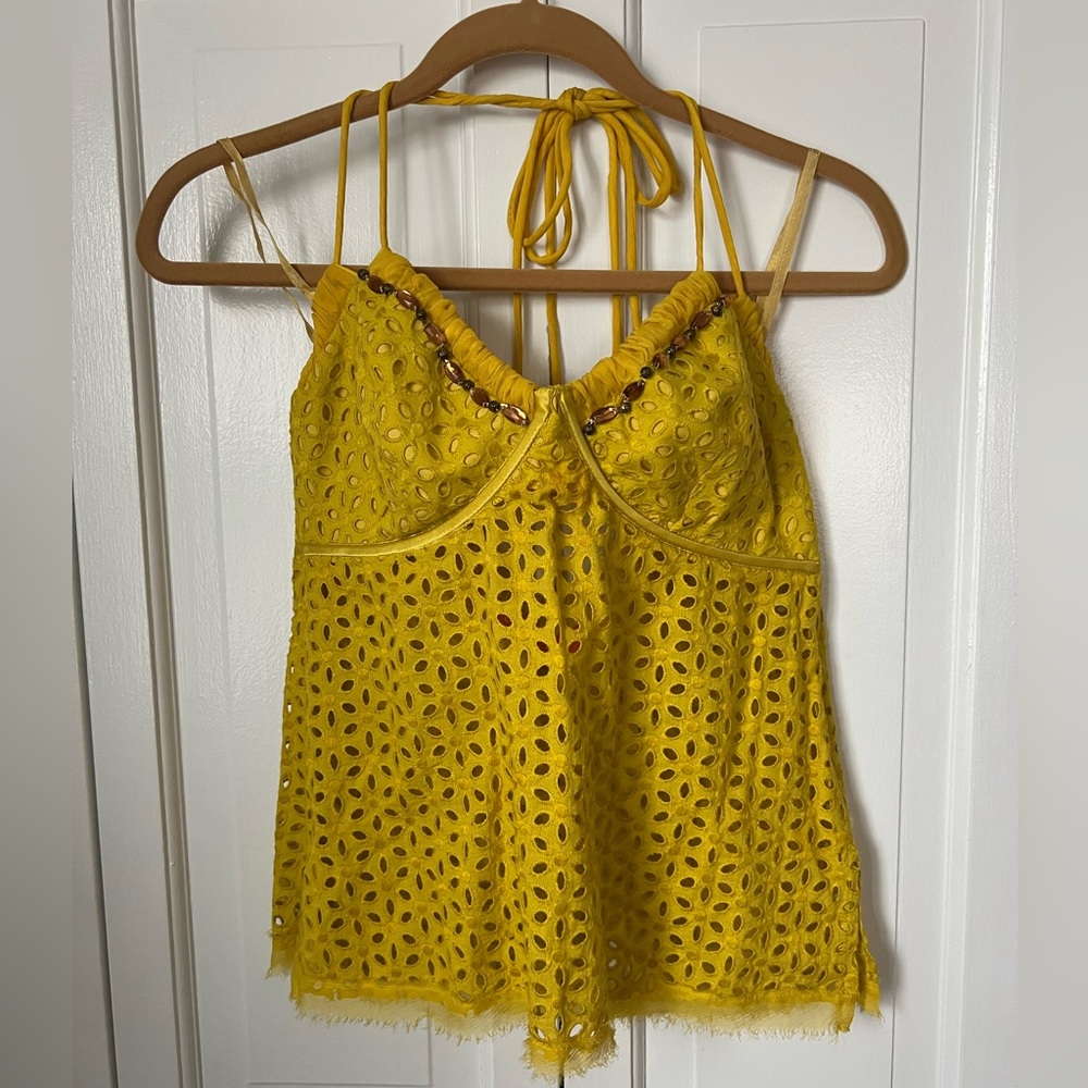 Cynthia Steffe beaded eyelet halter top in Yellow.